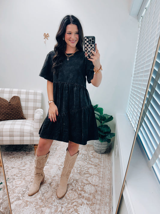 Dallas Mineral Wash Tiered Denim Dress