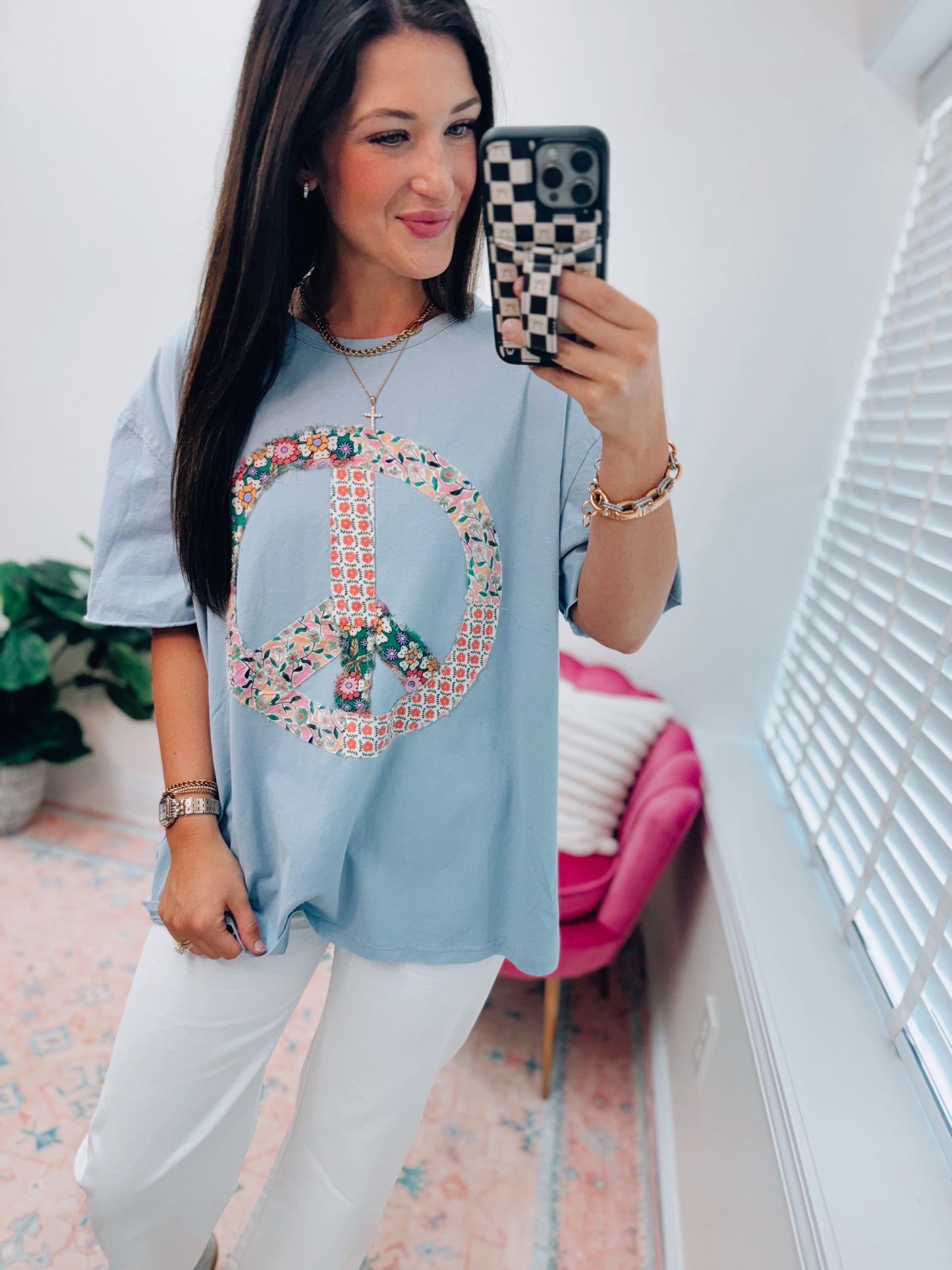 Blue Floral Peace Patchwork Top