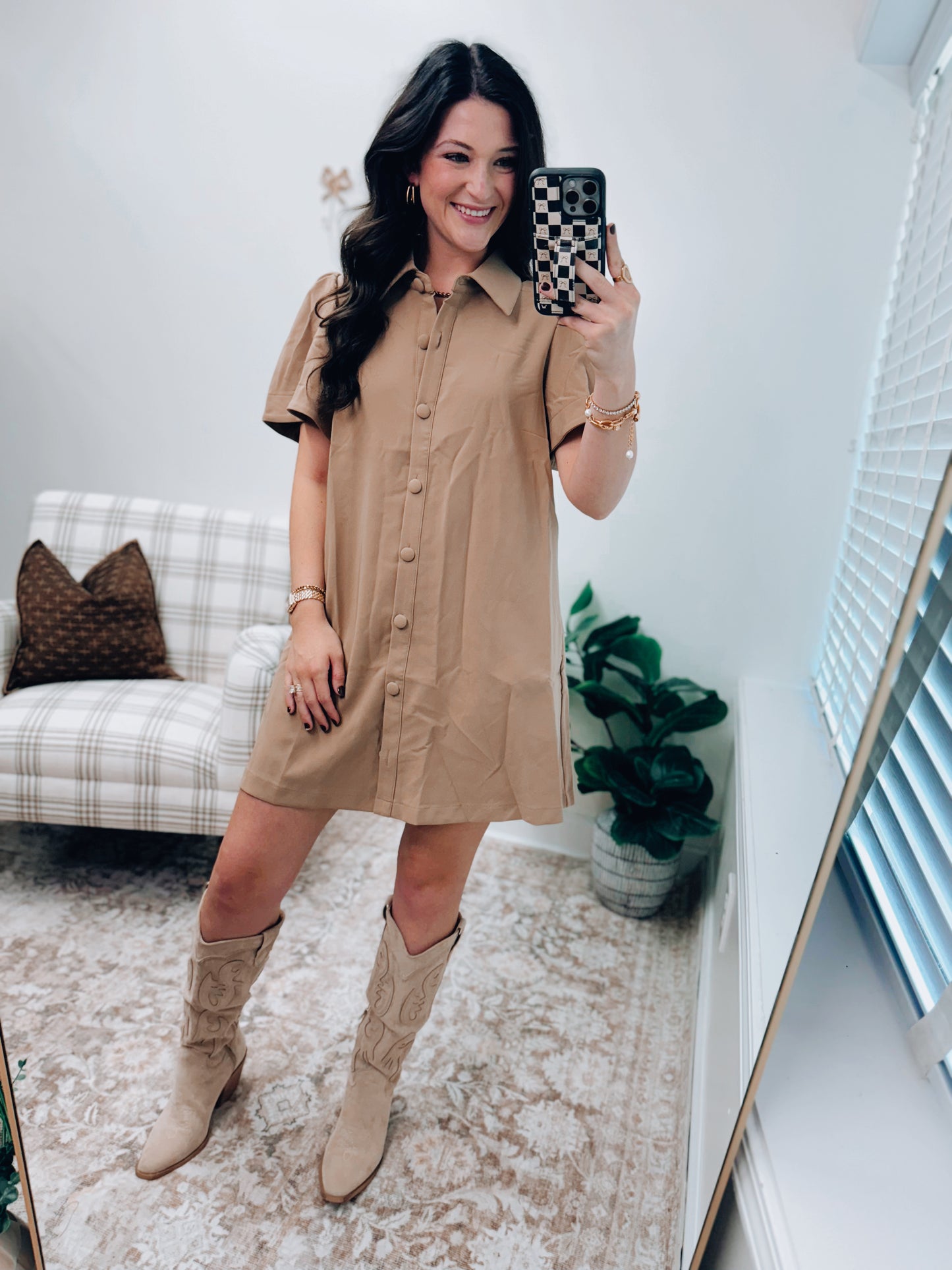 Lane Taupe Button Mini Dress