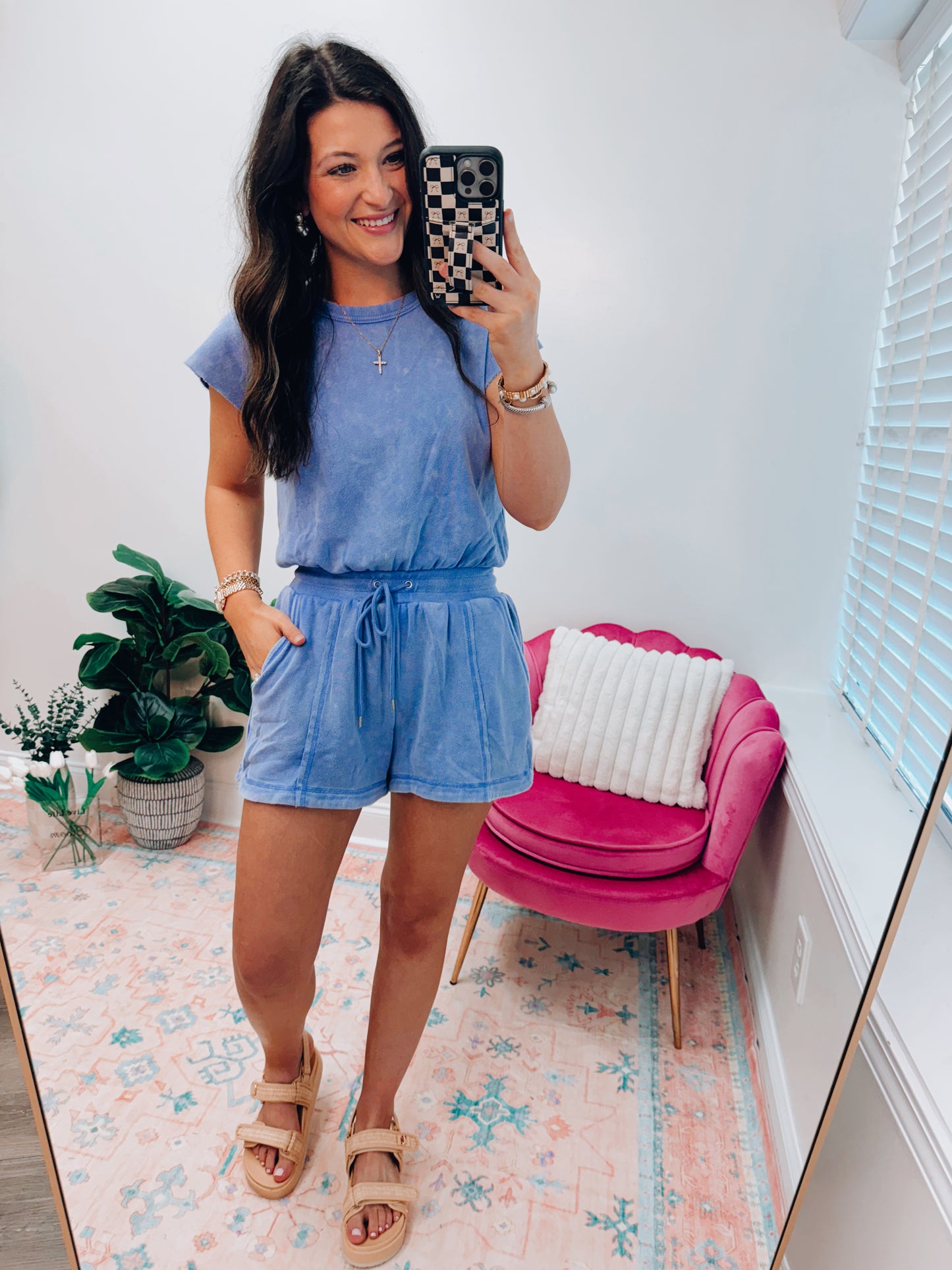 Renley Washed Open Back Romper - Blue