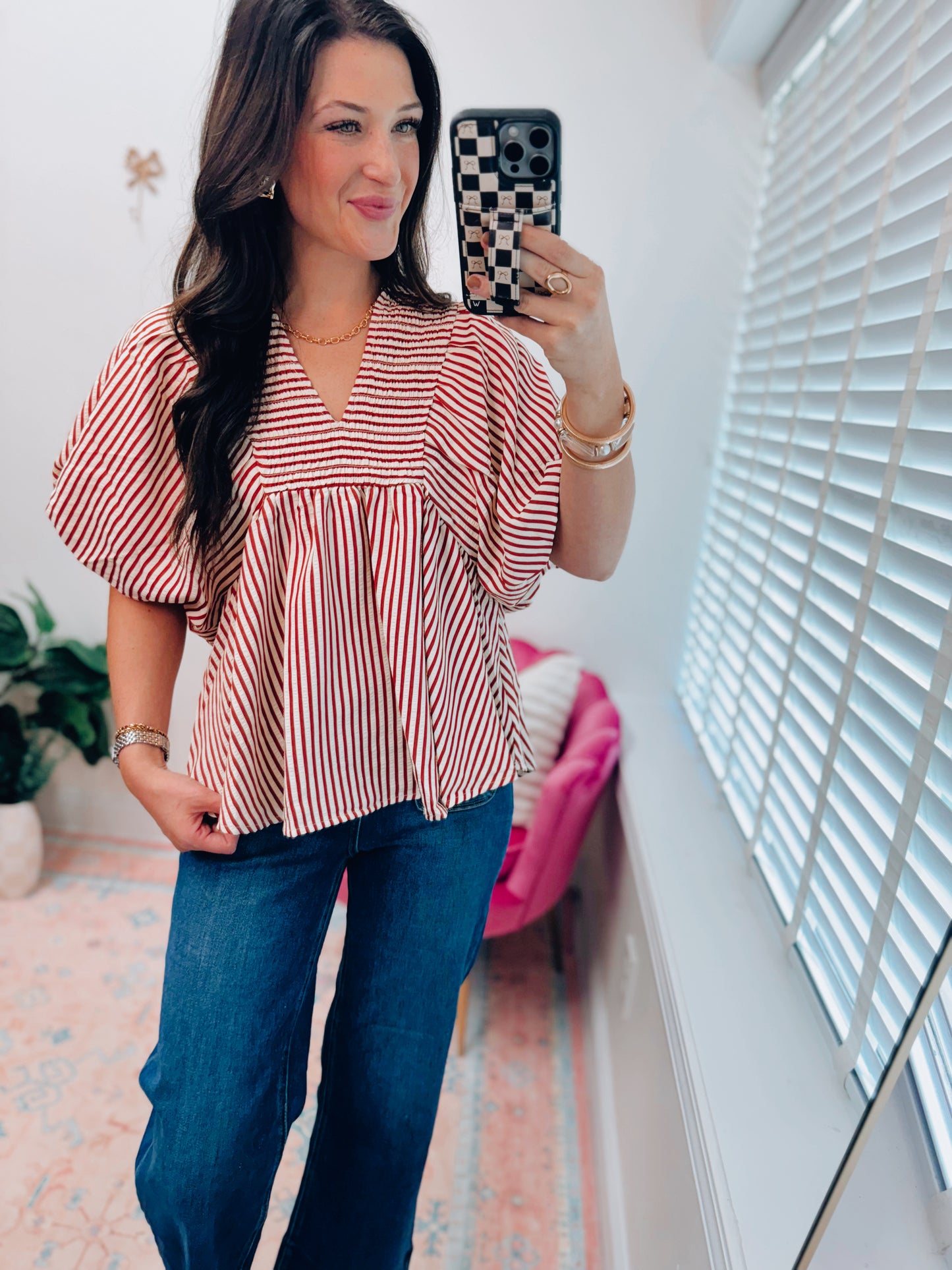 Remi Rust Striped Smocked Top