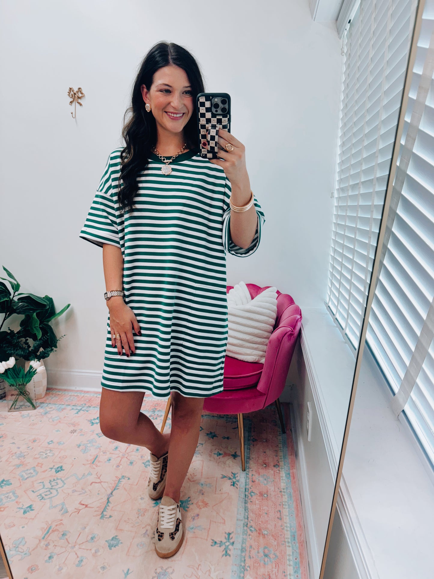 Stripe Knit Pullover Tee Dress - Green