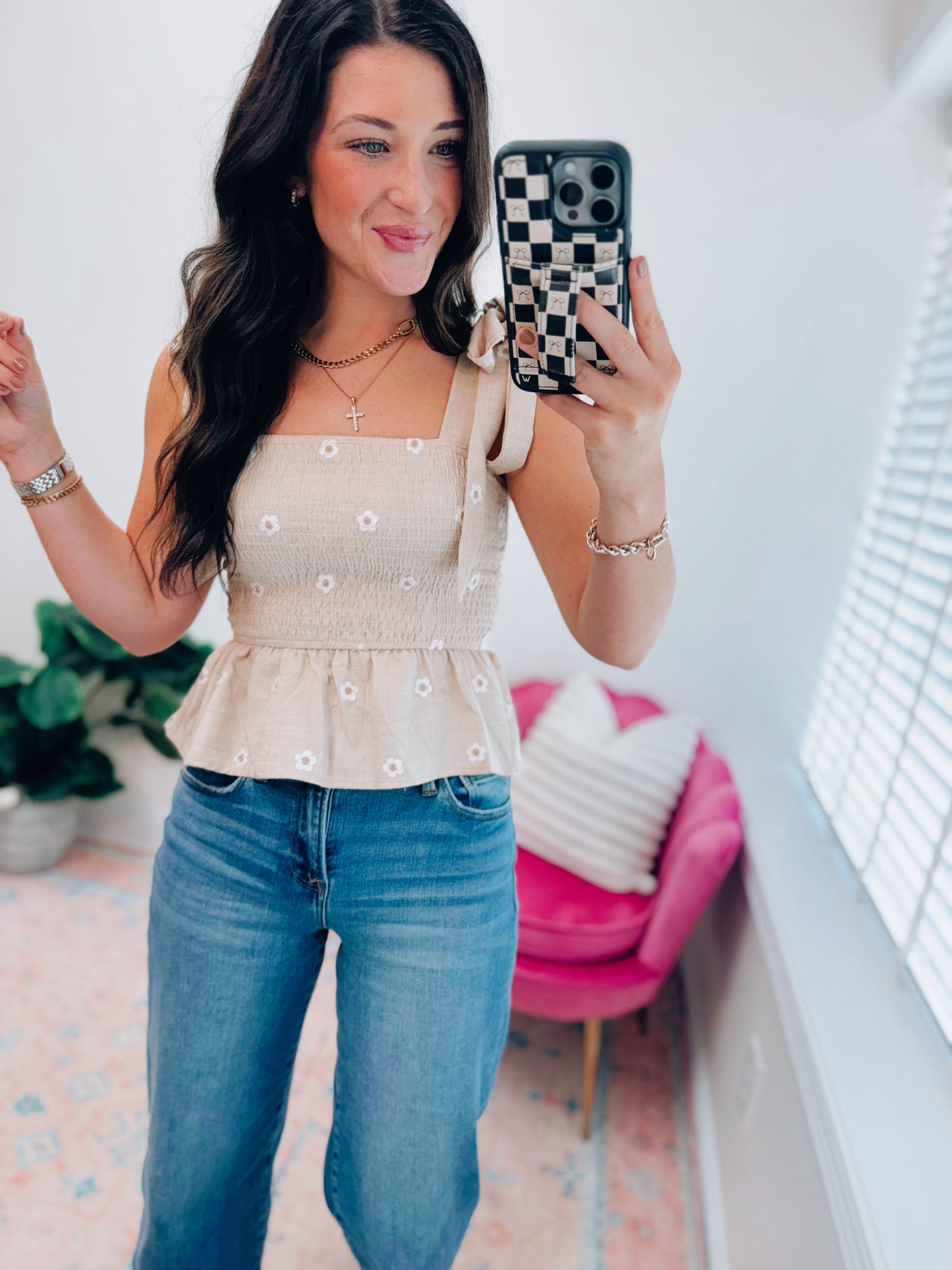 Smocked Embroidered Floral Top