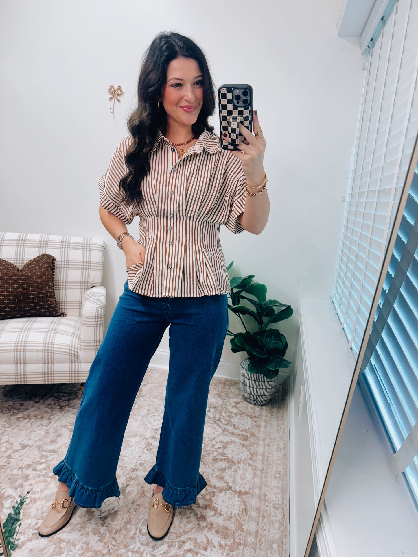 Willow Striped Pleated Button Top - Brown