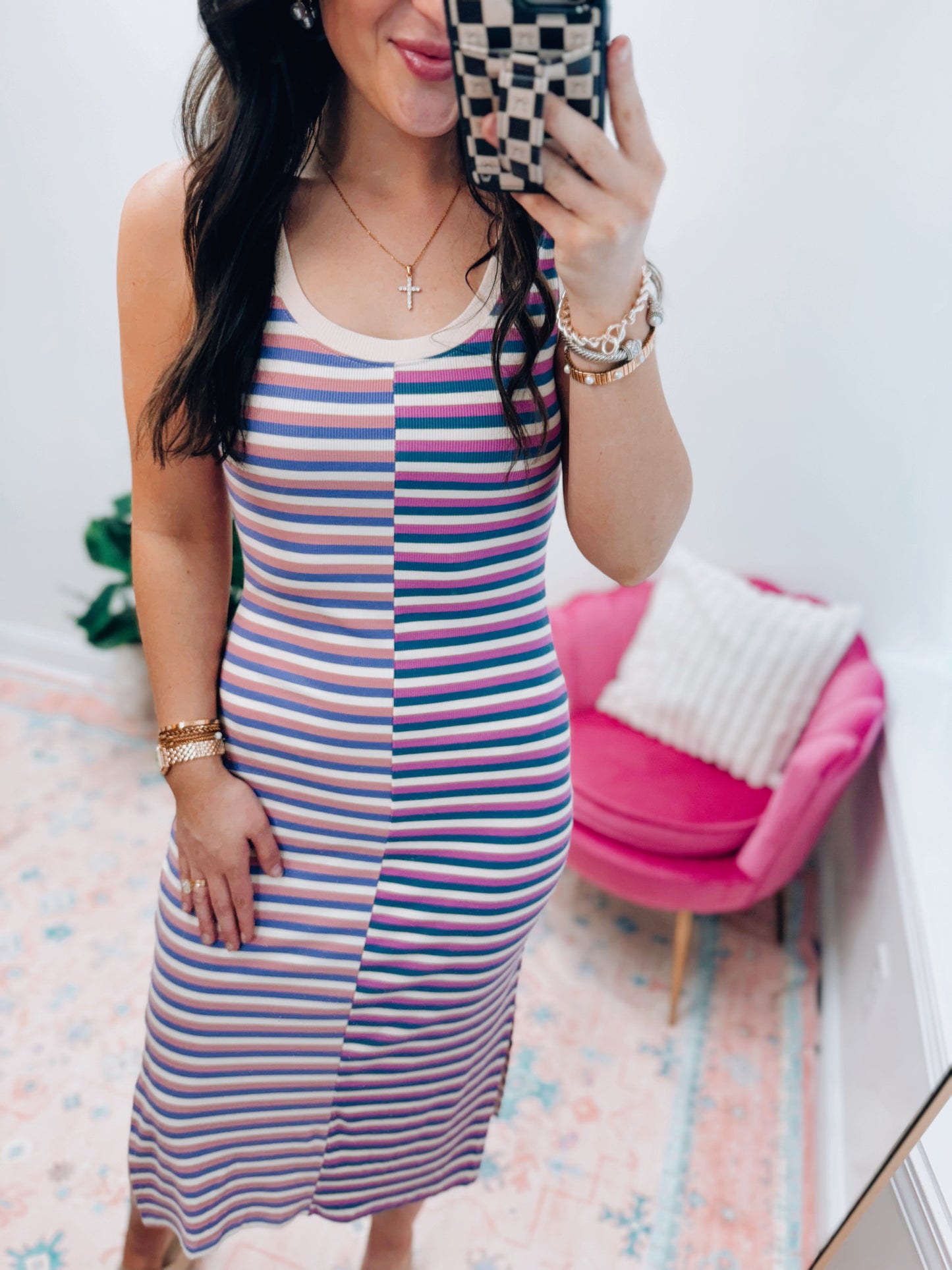 Combo Striped Ribbed Midi Dress