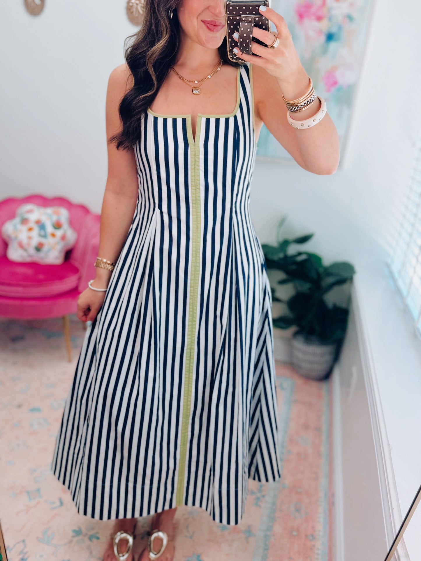 Walker Pleated Stripe Midi Dress