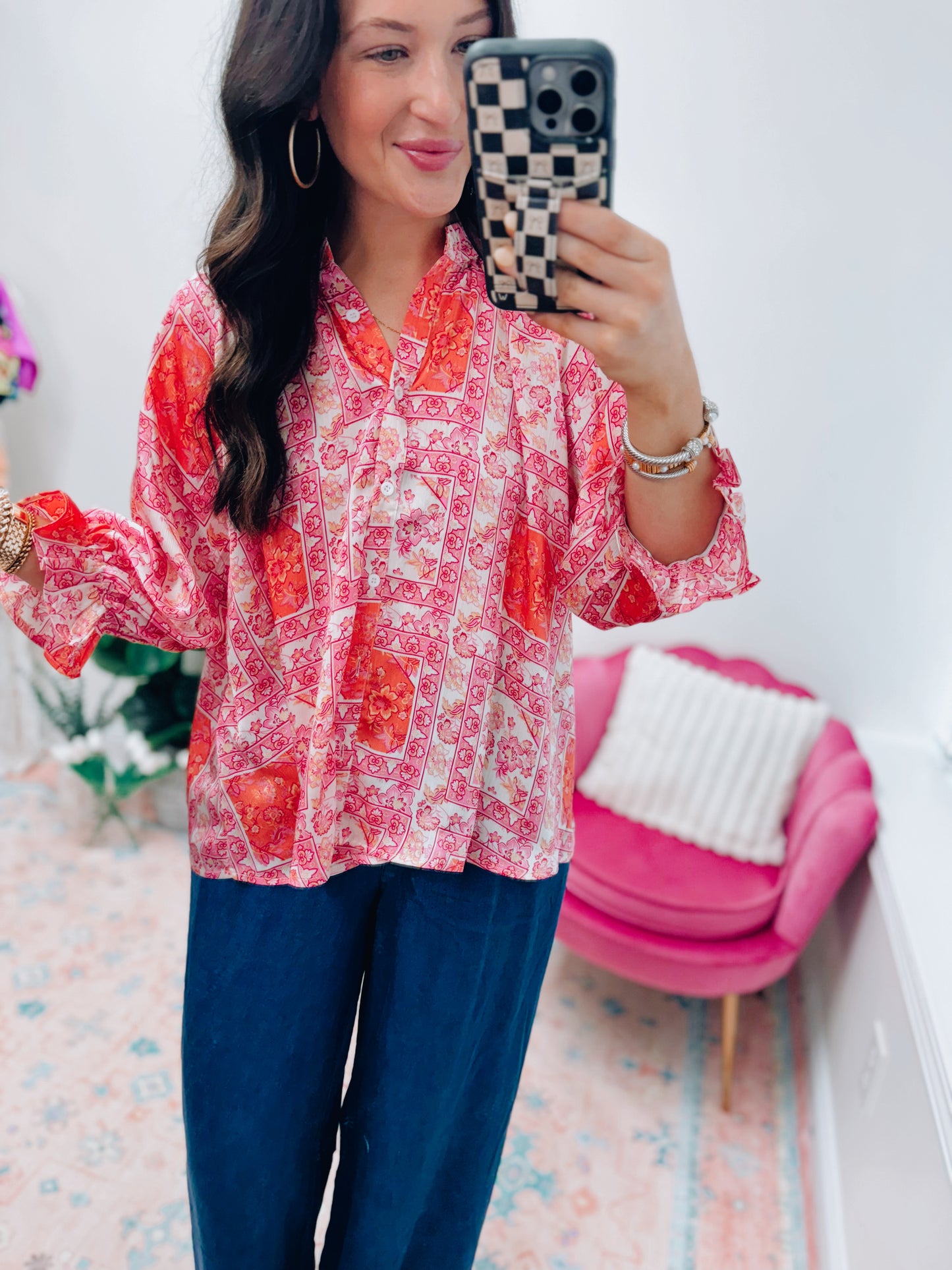 Scarf Print Loose Balloon Sleeve Top