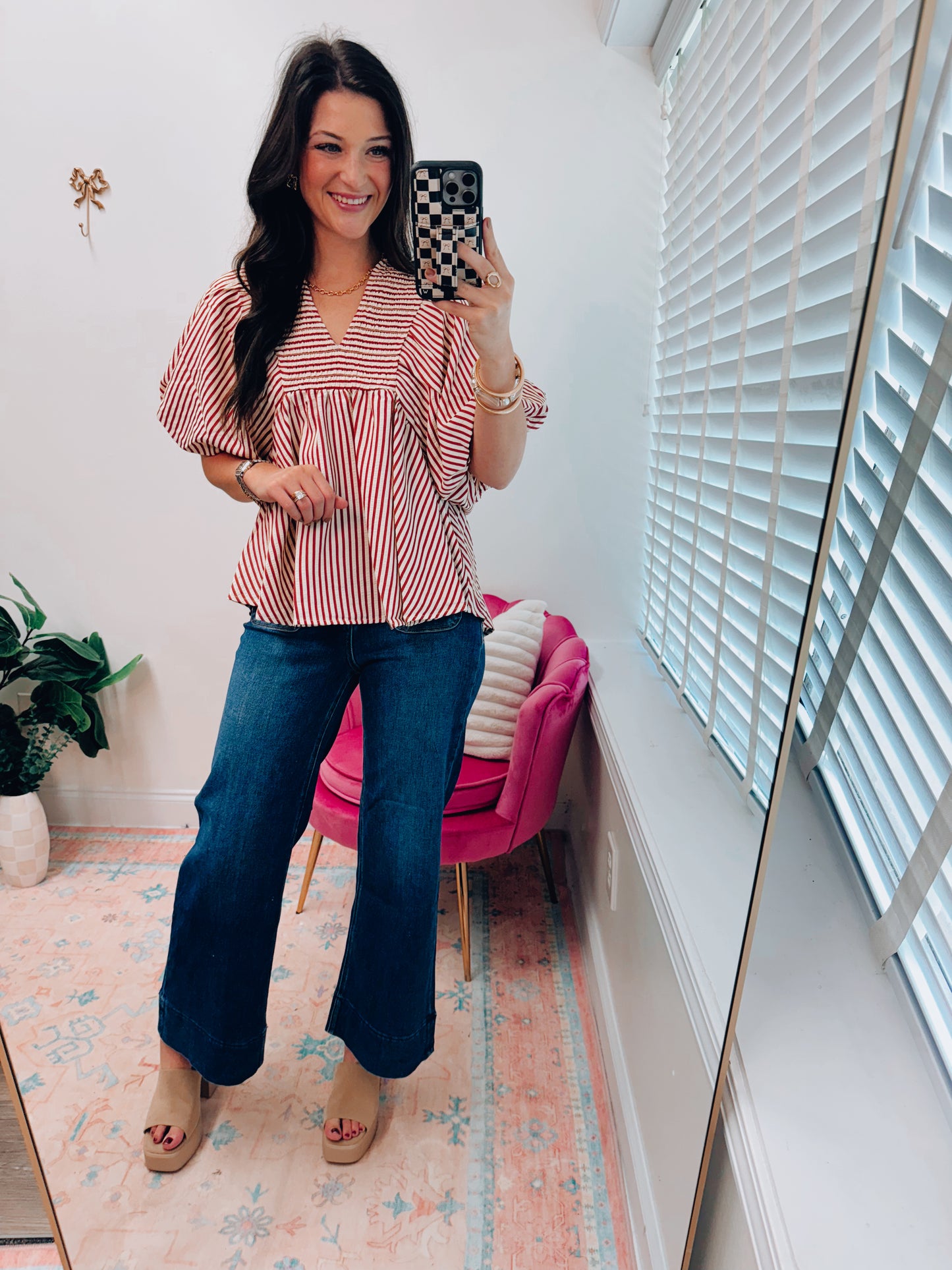 Remi Rust Striped Smocked Top