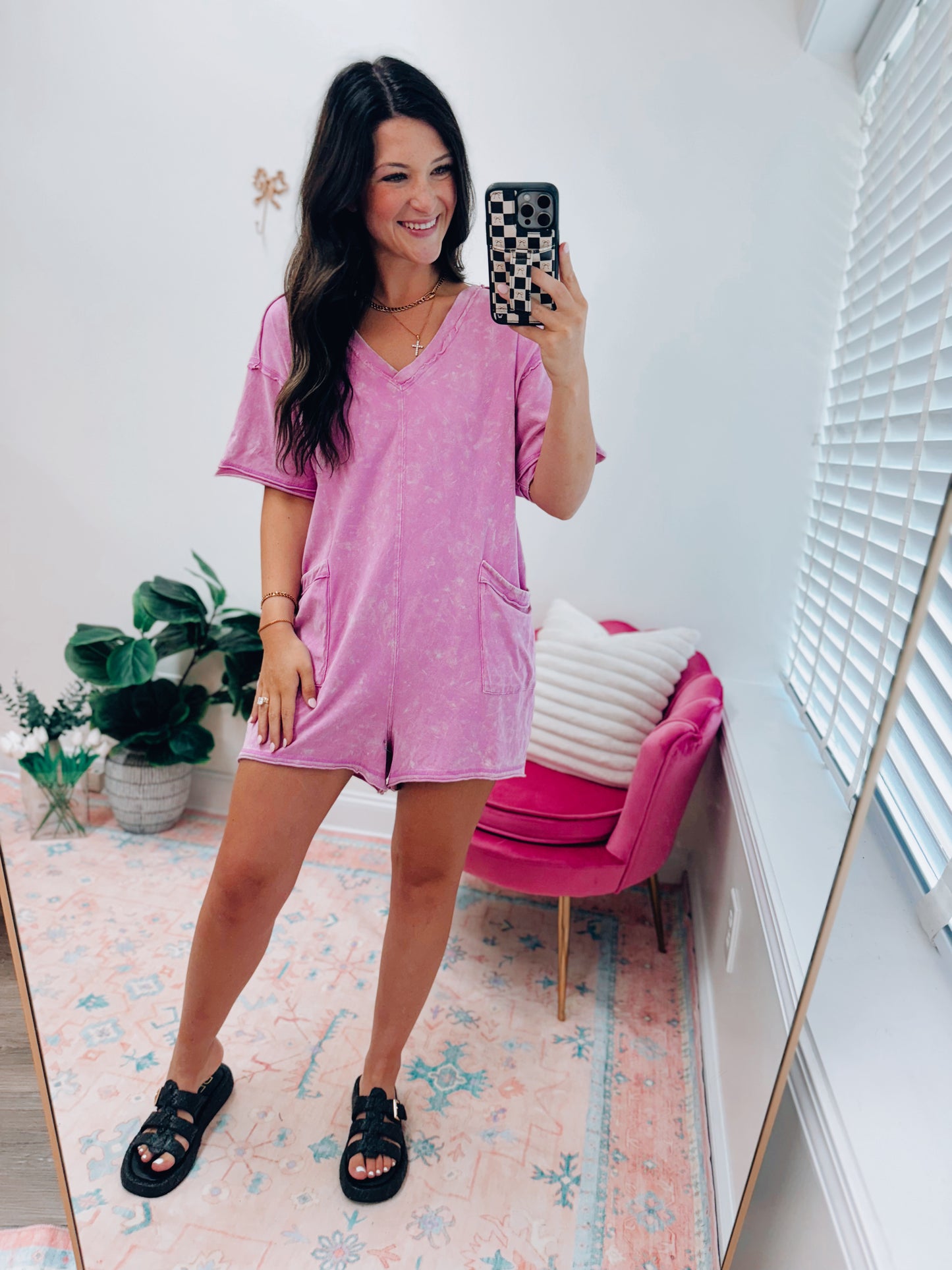 Mineral Washed Oversized Casual V Knit Romper - Orchid