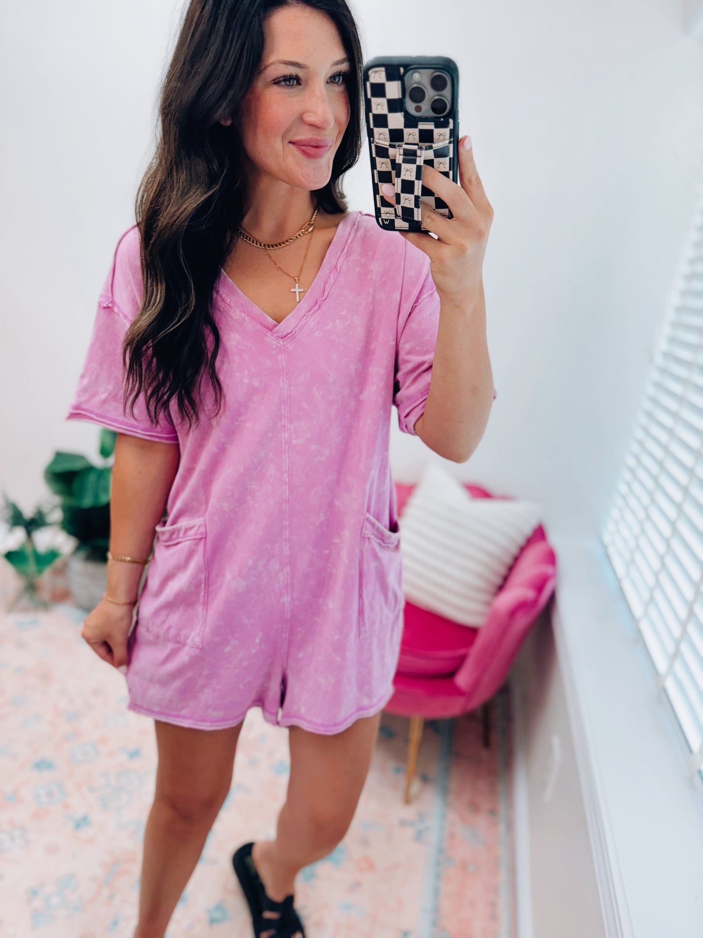 Mineral Washed Oversized Casual V Knit Romper - Orchid