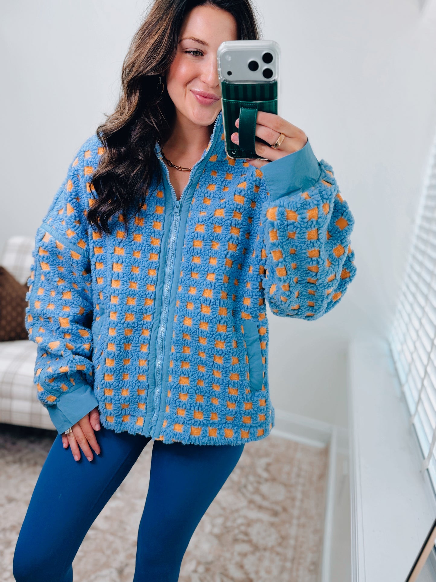 Blue Oversized Checker Fleece Jacket