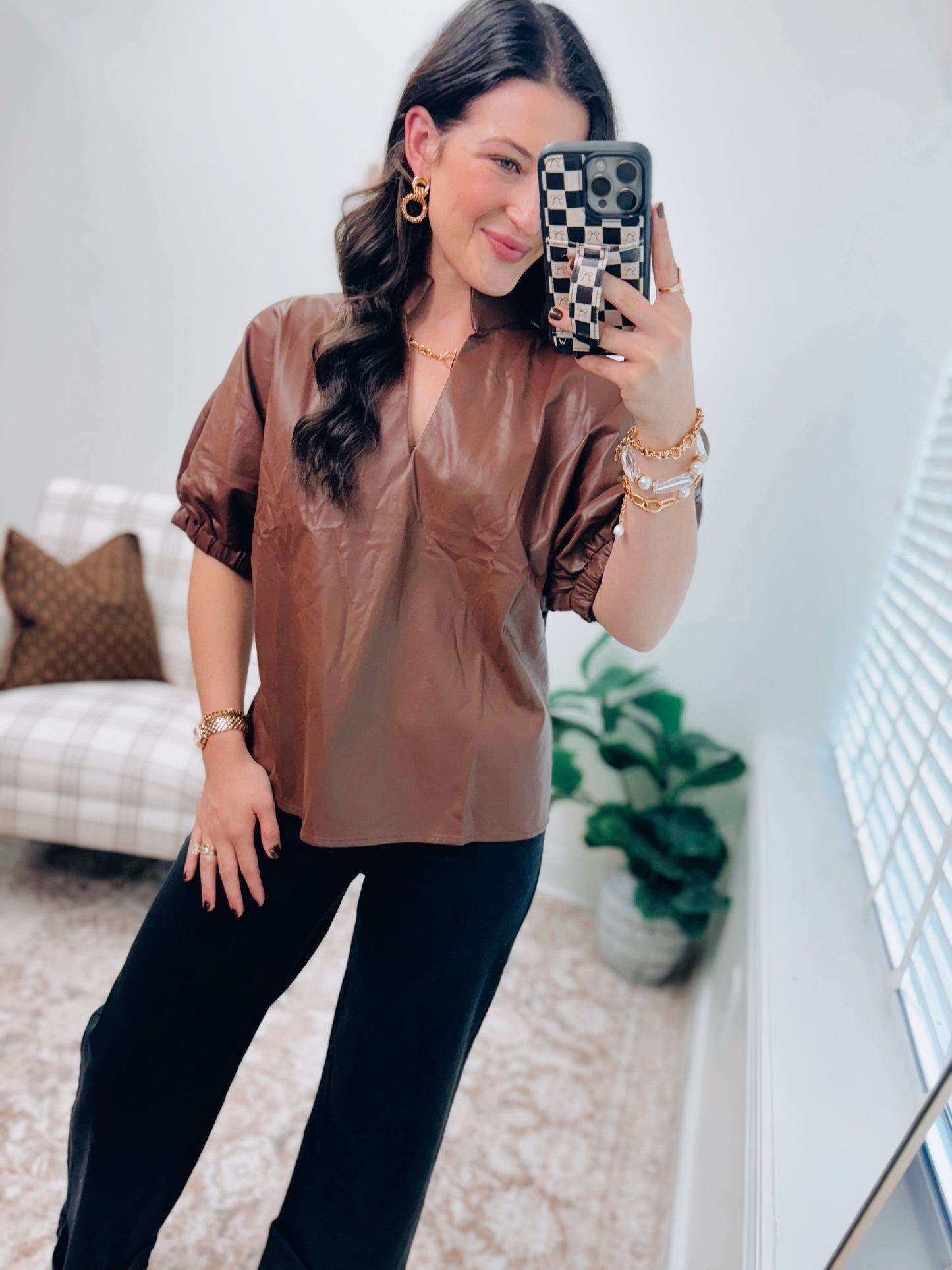 Tilly Faux Leather Top - Brown