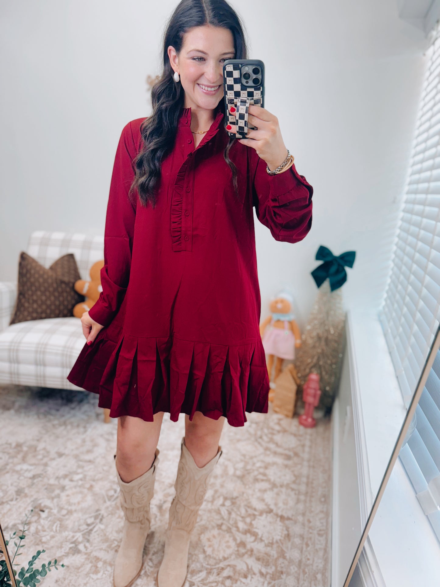 Hunter Pleated Mini Dress - Burgundy