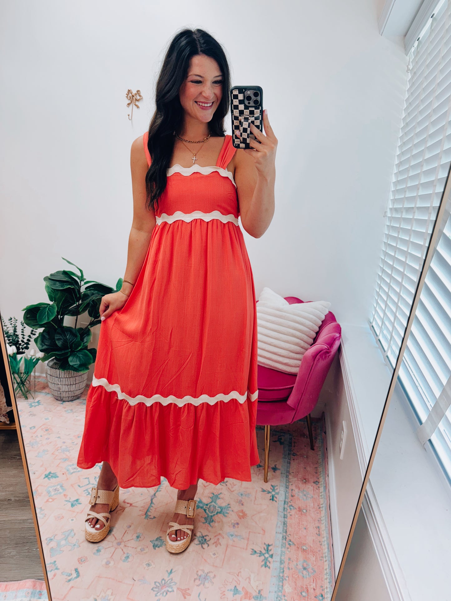 Coral Scallop Trim Midi Dress
