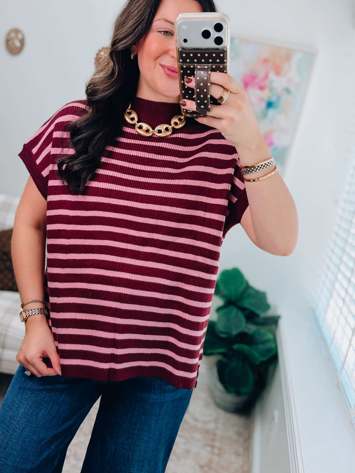 Burgundy Striped Mock Neck Sweater Top