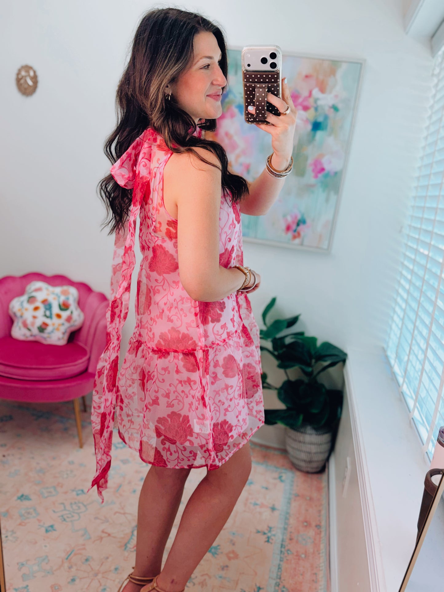 Pink Floral Sheer Mini Dress