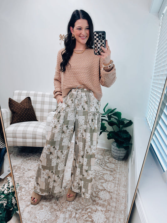 Autumn Patchwork Textured Wide Leg Pants - Olive