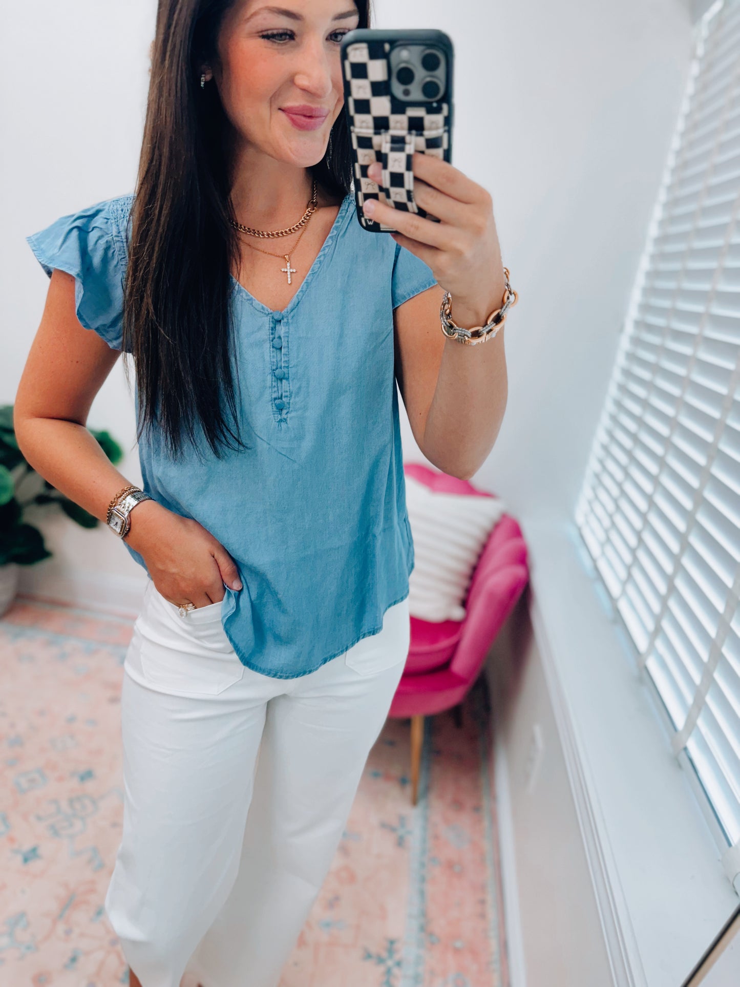 CURVY Chambray Ruffle Top