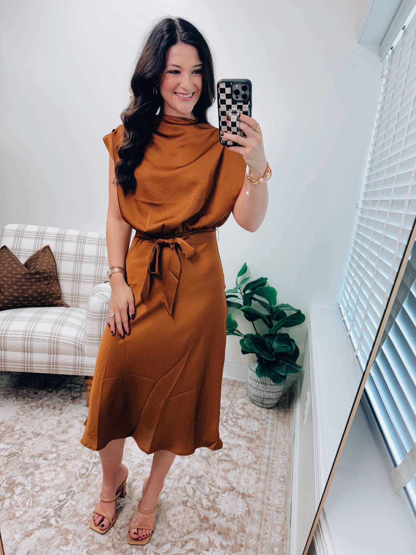 Maven Satin Cowl Neck Midi Dress - Camel