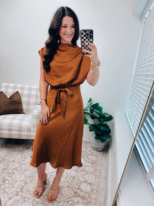 Maven Satin Cowl Neck Midi Dress - Camel