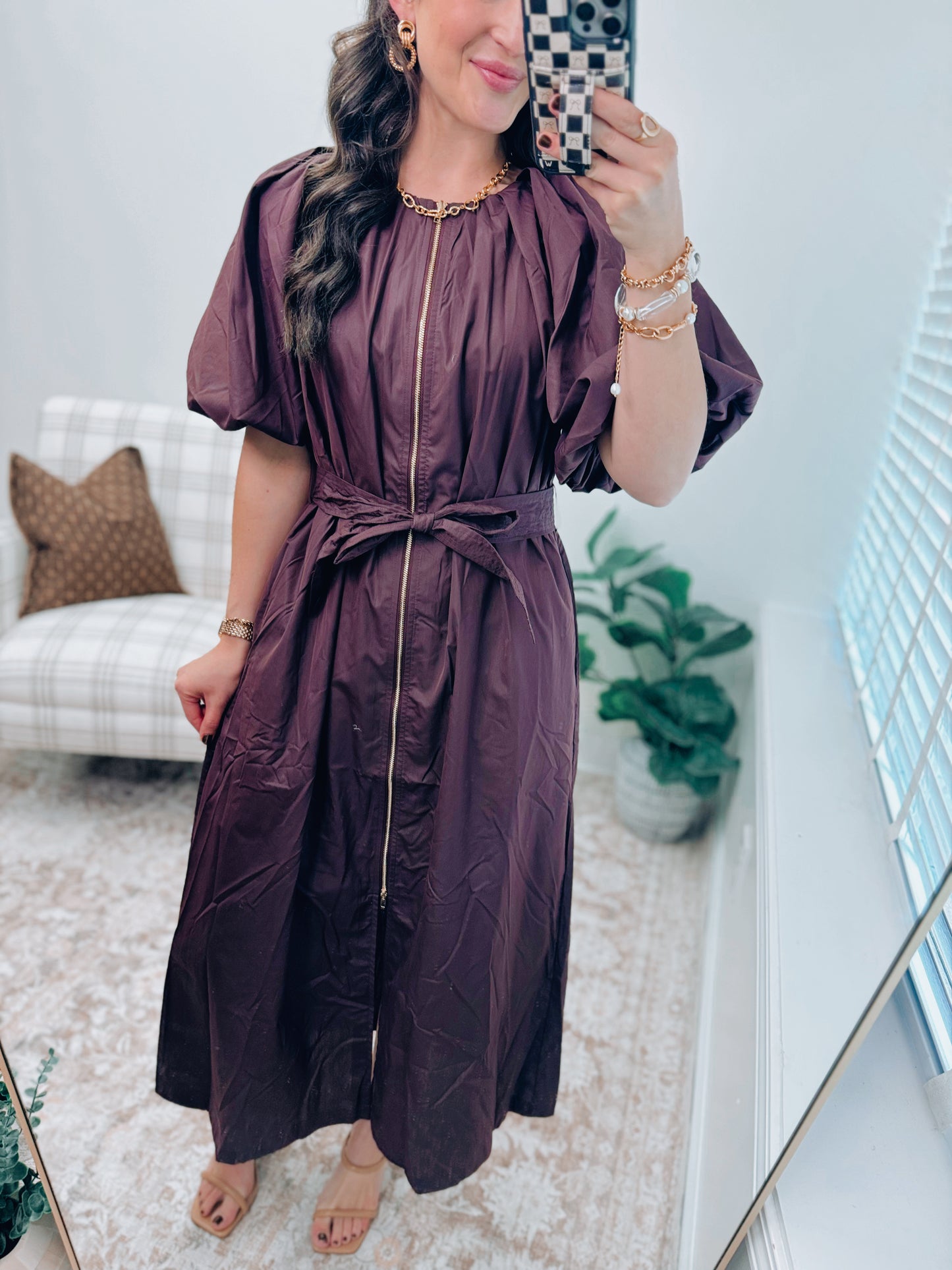 Hattie Maroon Gold Zip Midi Dress