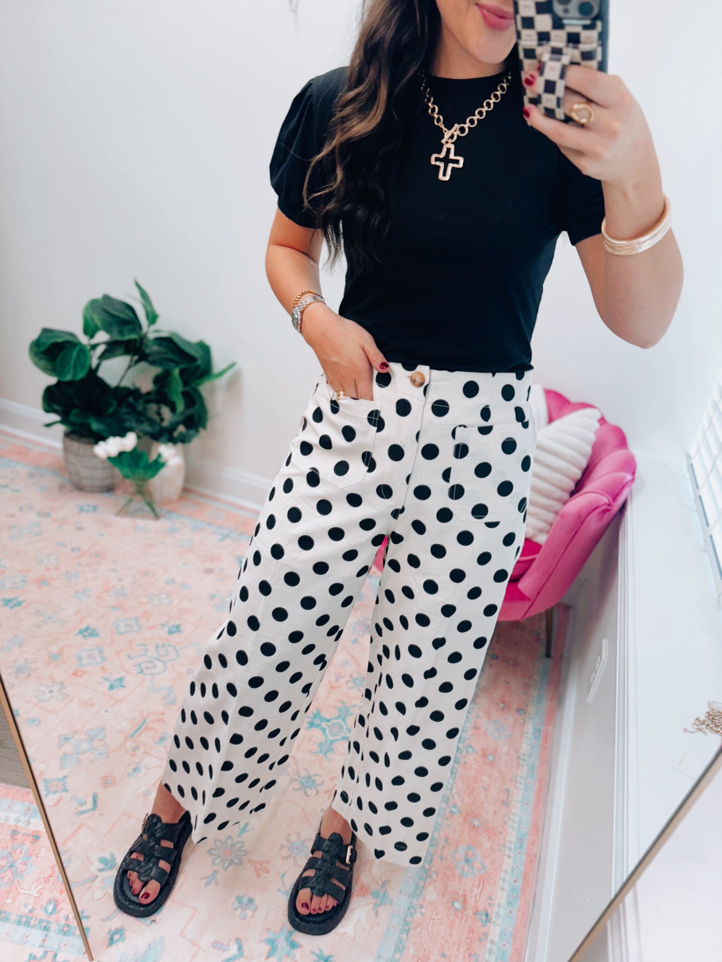 Polka Dot Linen Front Pocket Pants