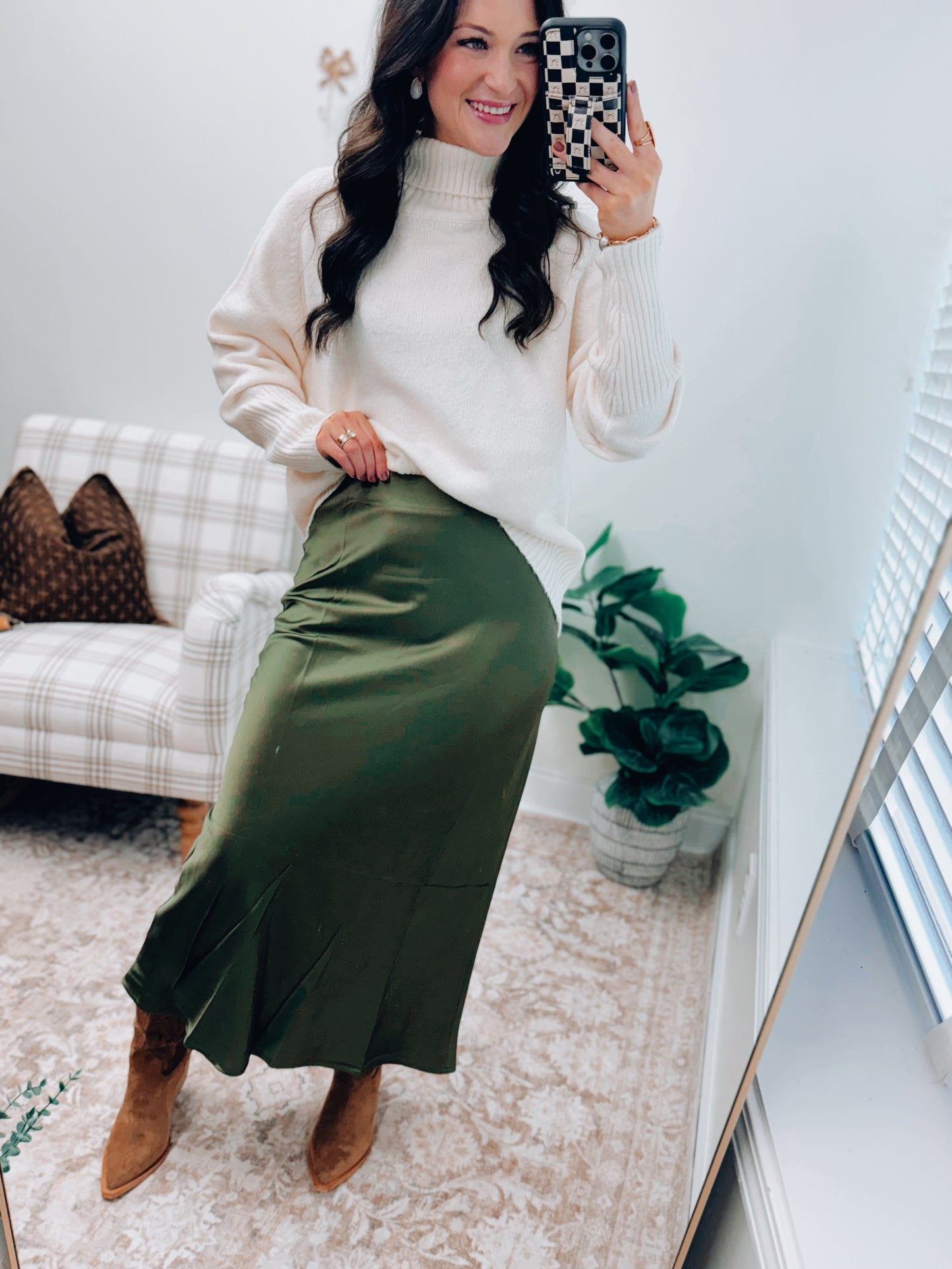 Veda Satin Midi Skirt - Olive