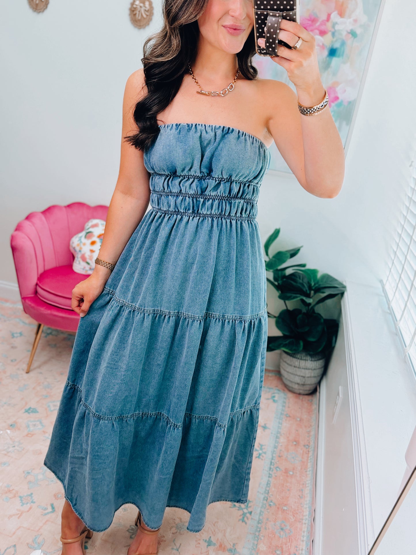 Strapless Shirred Denim Midi Dress