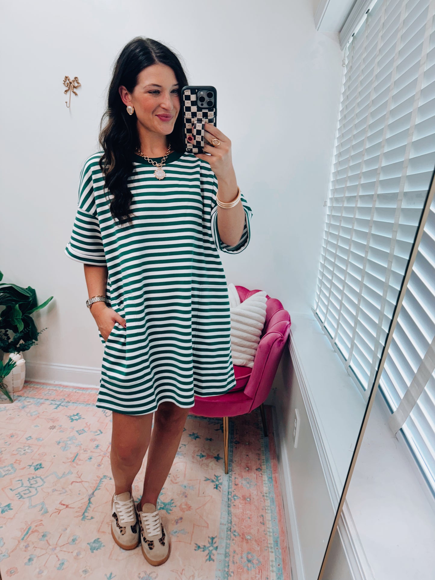 Stripe Knit Pullover Tee Dress - Green