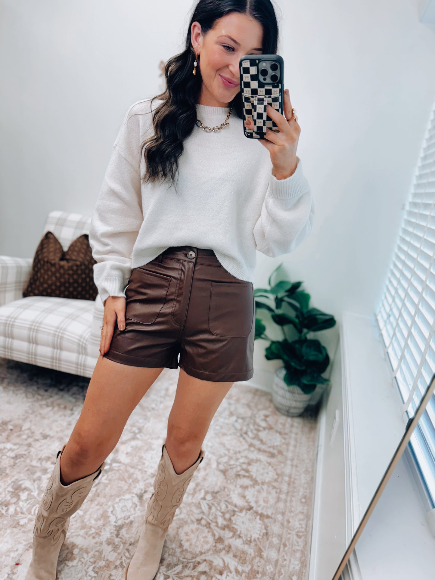 Faux Leather Pocket Shorts - Brown