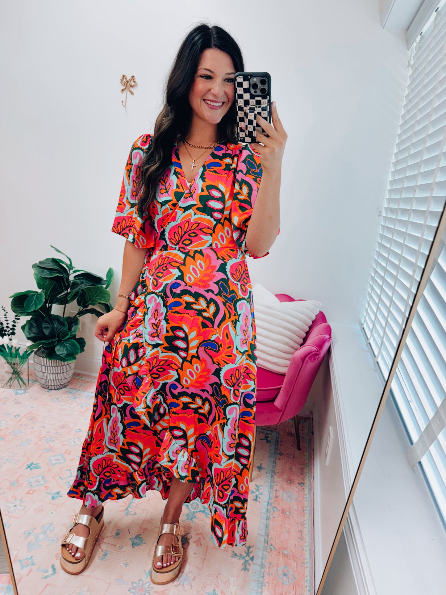 Rose Summer Tropicals Wrap Midi Dress