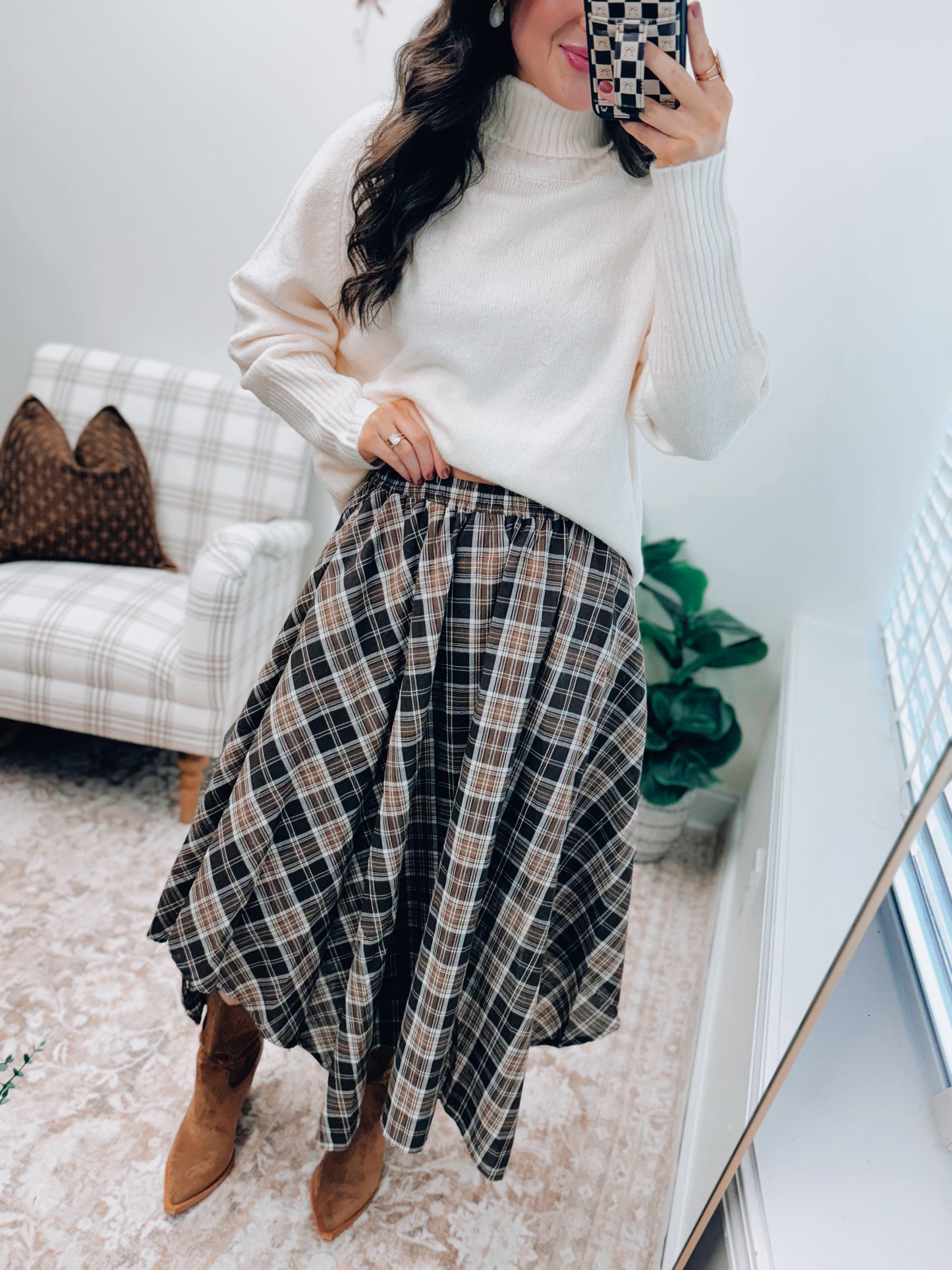 Plaid Unevenhem Midi Skirt