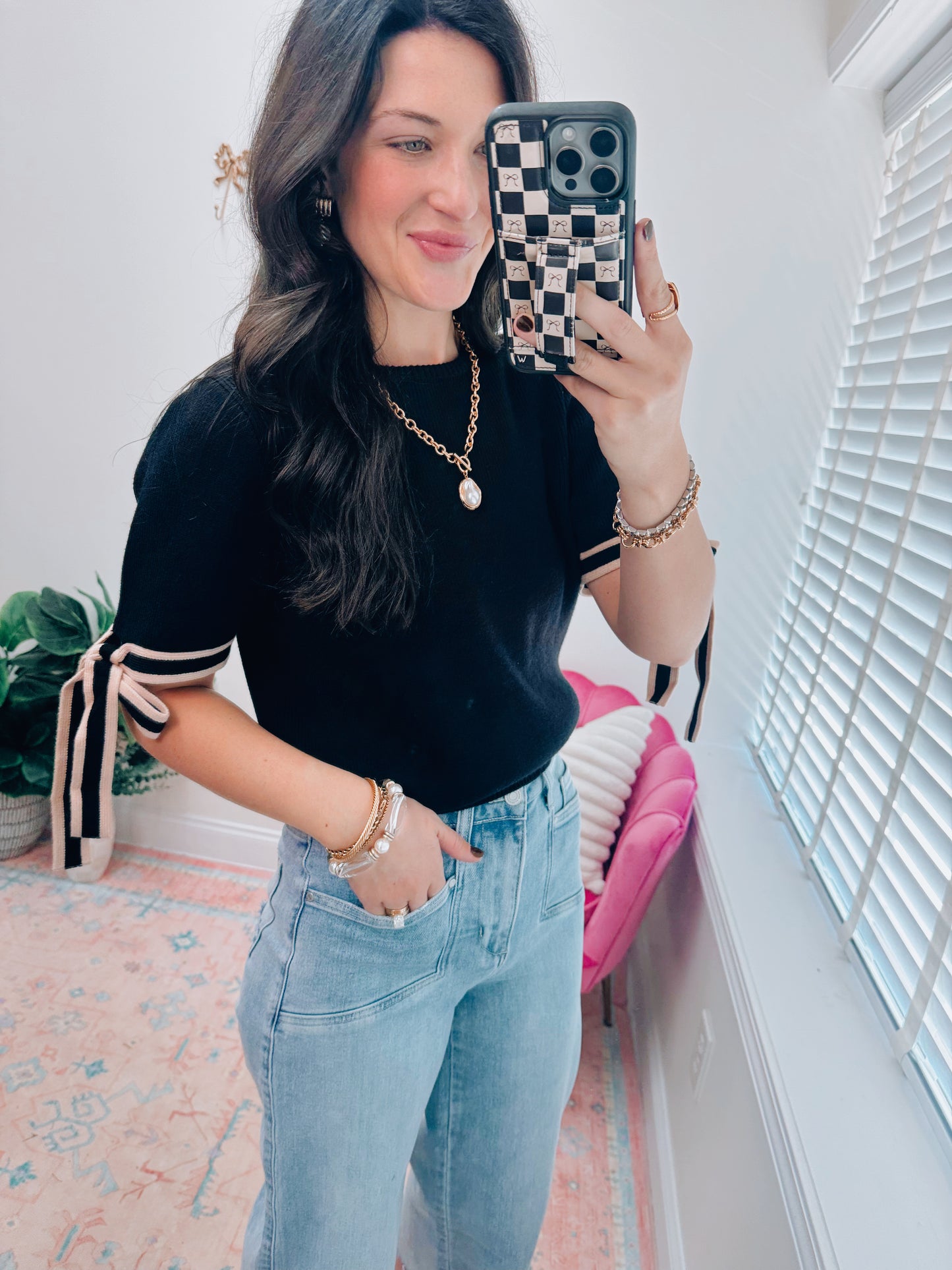 Sweet Magnolia Sweater Bow Top - Black