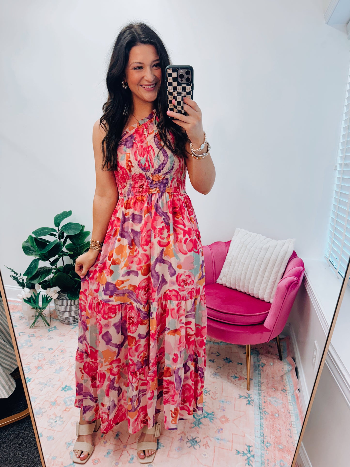 One Shoulder Smocked Abstract Maxi Dress