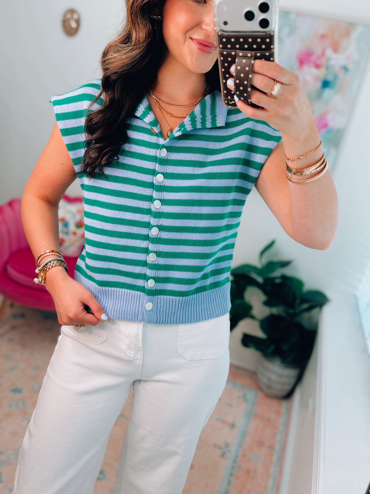 River Button Stripe Cuff Top