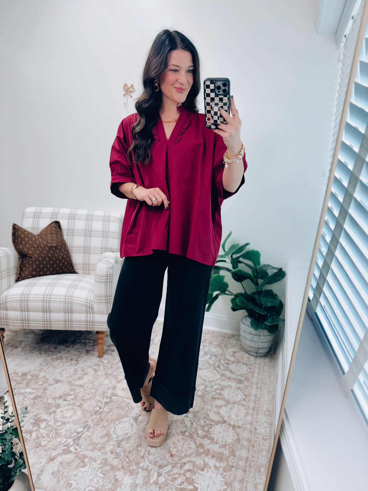 Maroon Dolman Ruffle Top