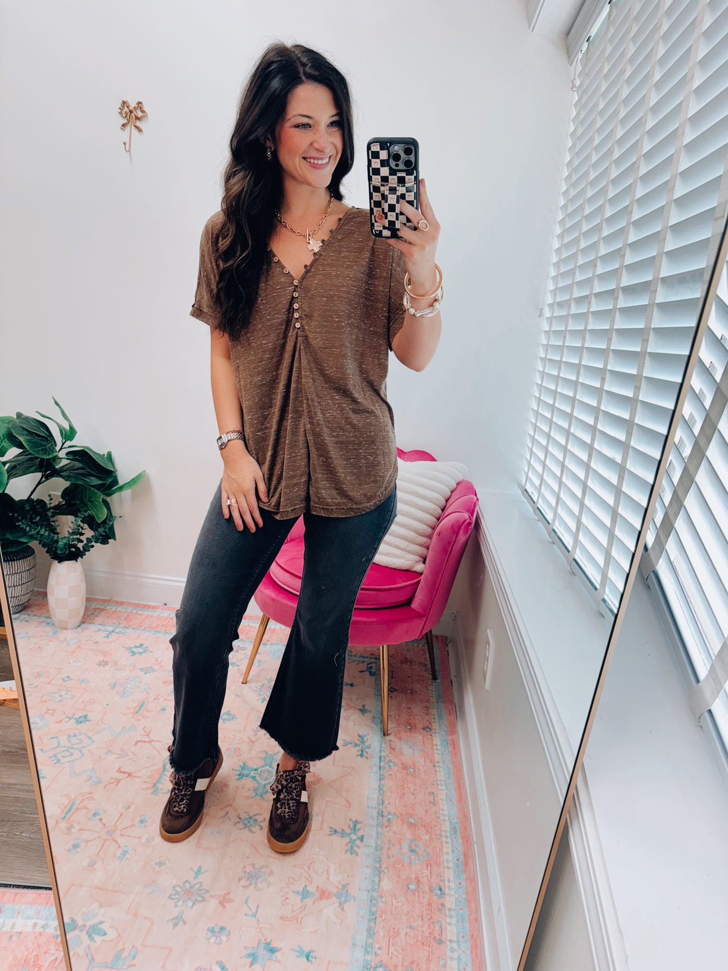 Mocha Button Detailed Top
