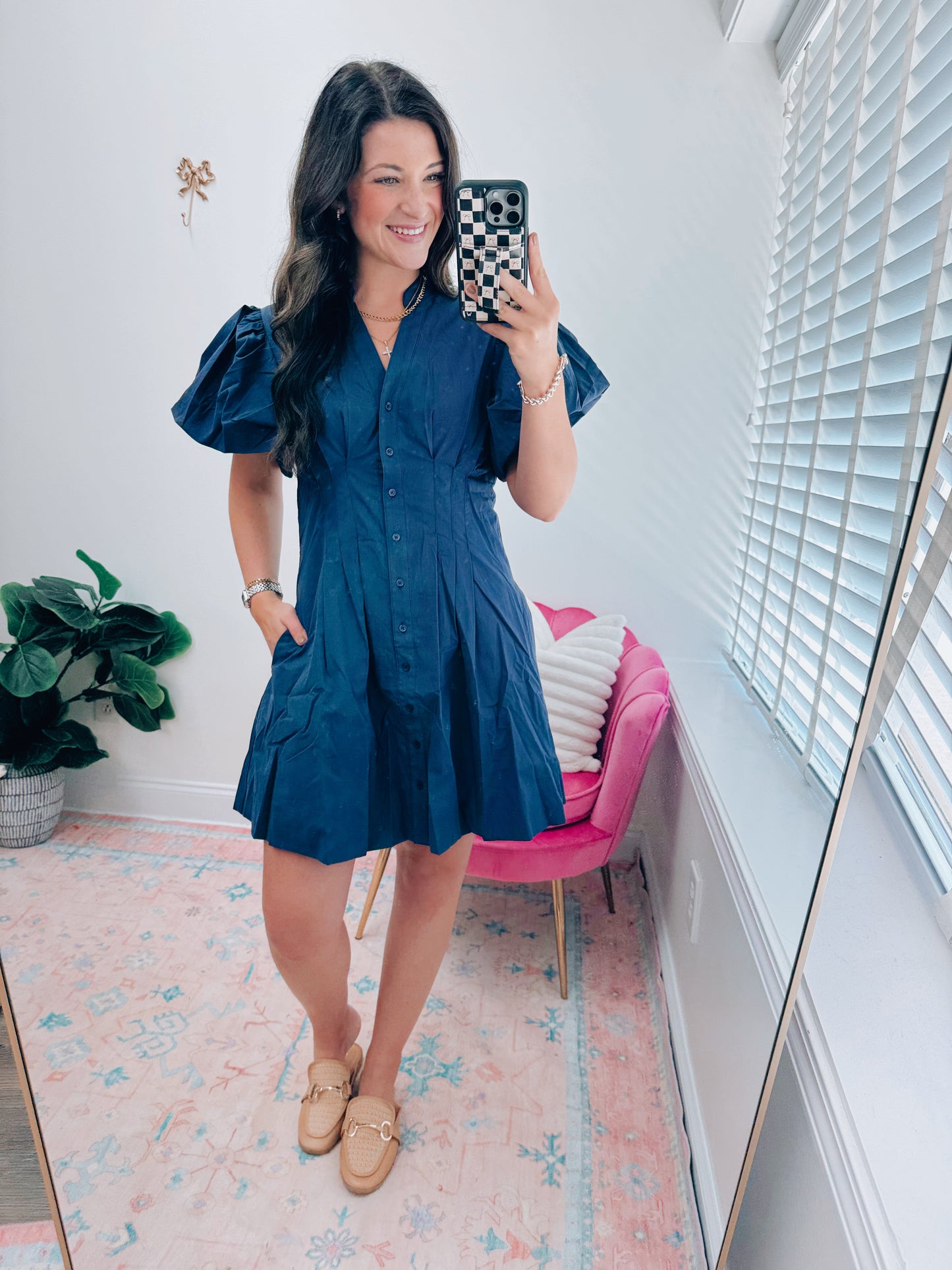 Navy Pleated Button Mini Dress