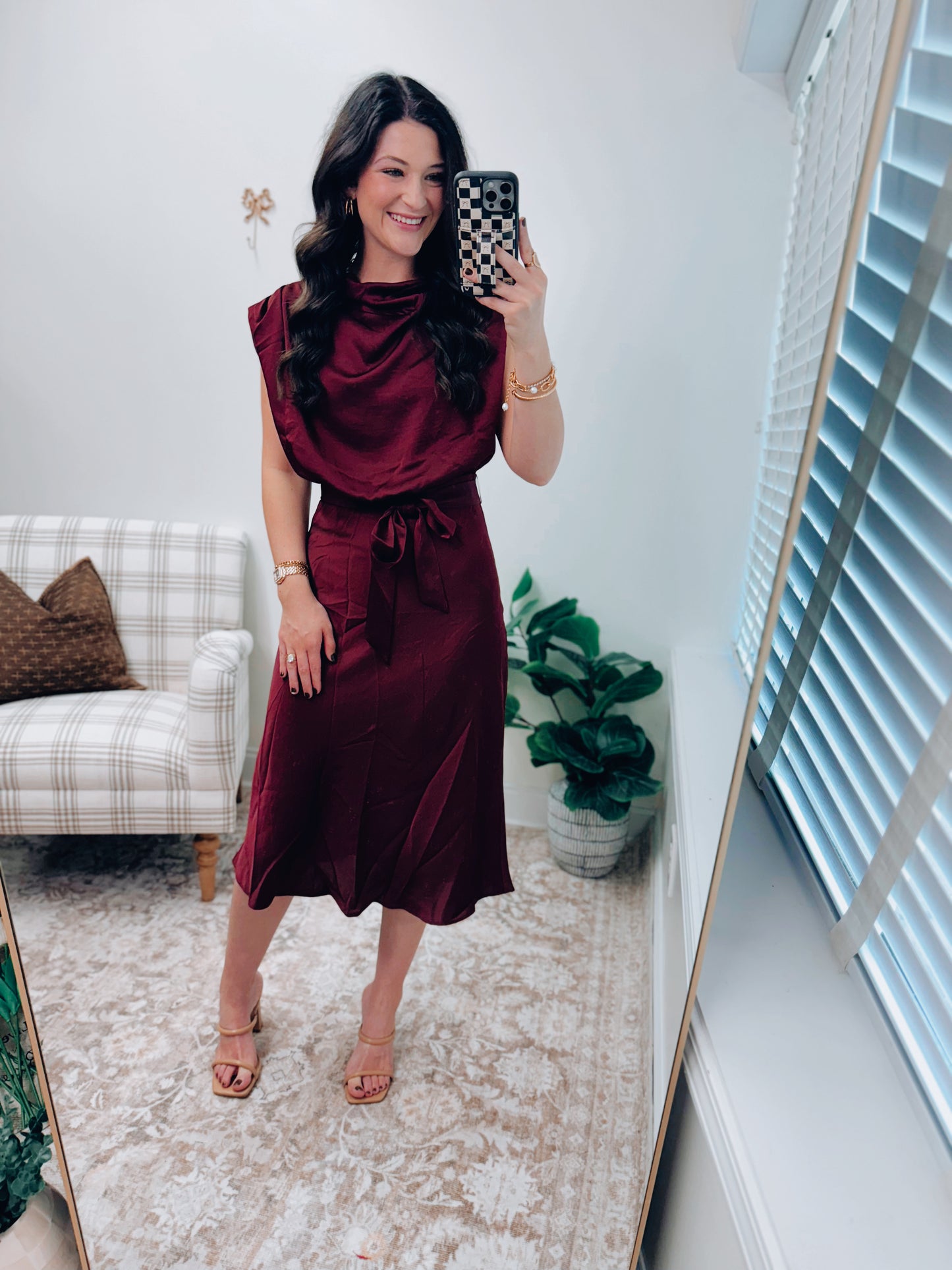 Maven Satin Cowl Neck Midi Dress - Burgundy