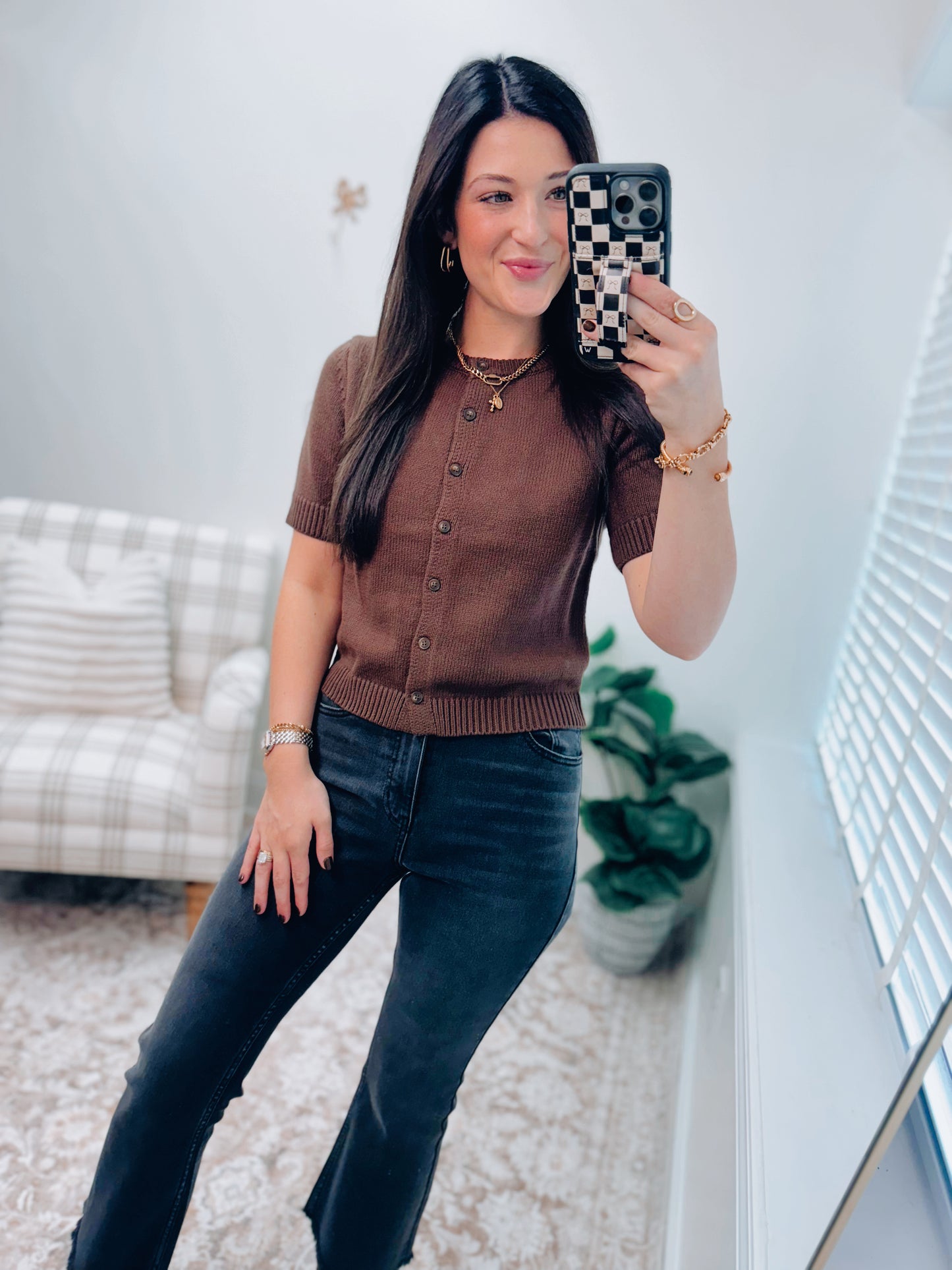 Nova Button Sweater Top - Brown