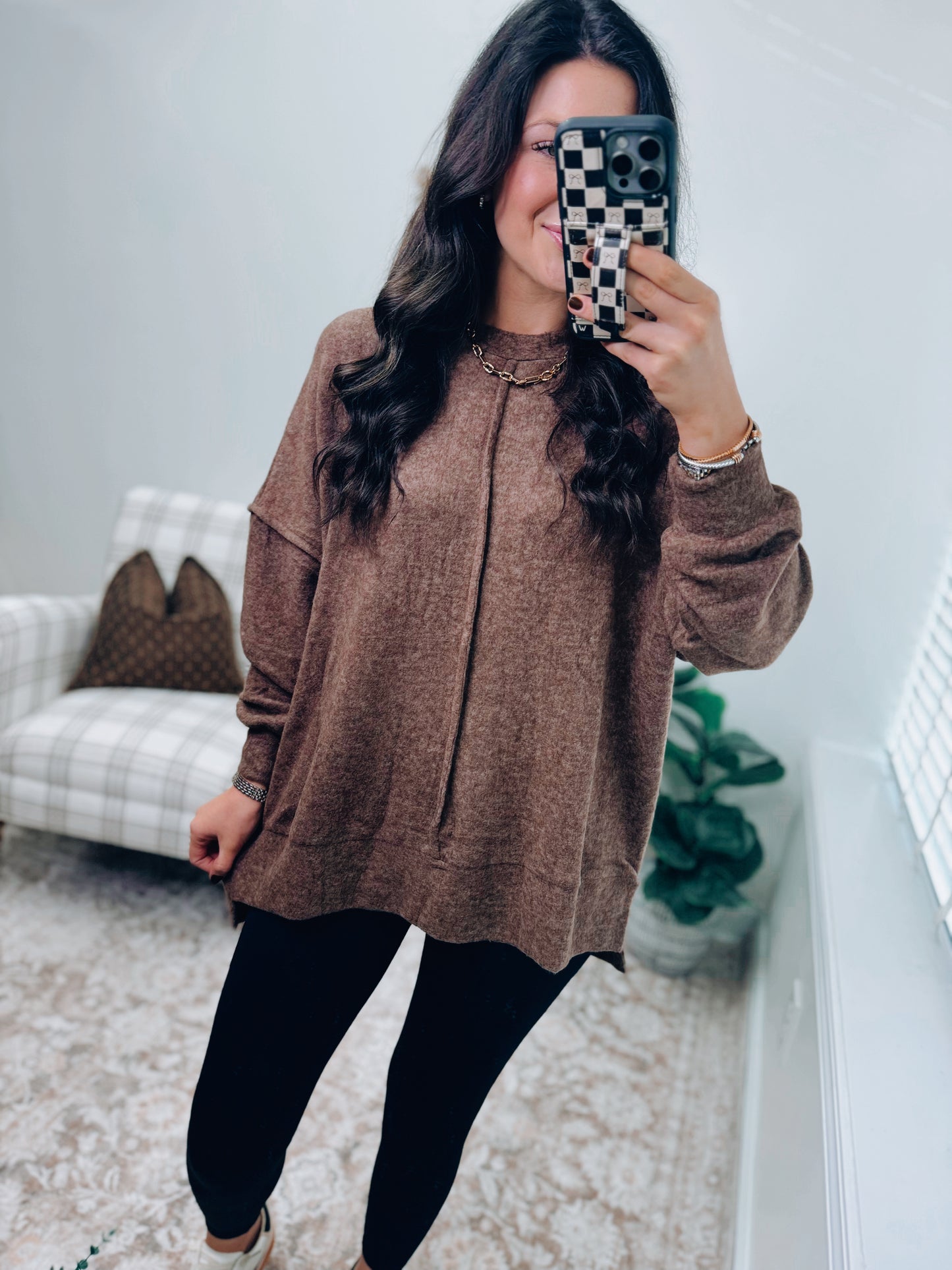 CURVY | DOORBUSTER Oversized Front Seam Brushed Sweater - Brown