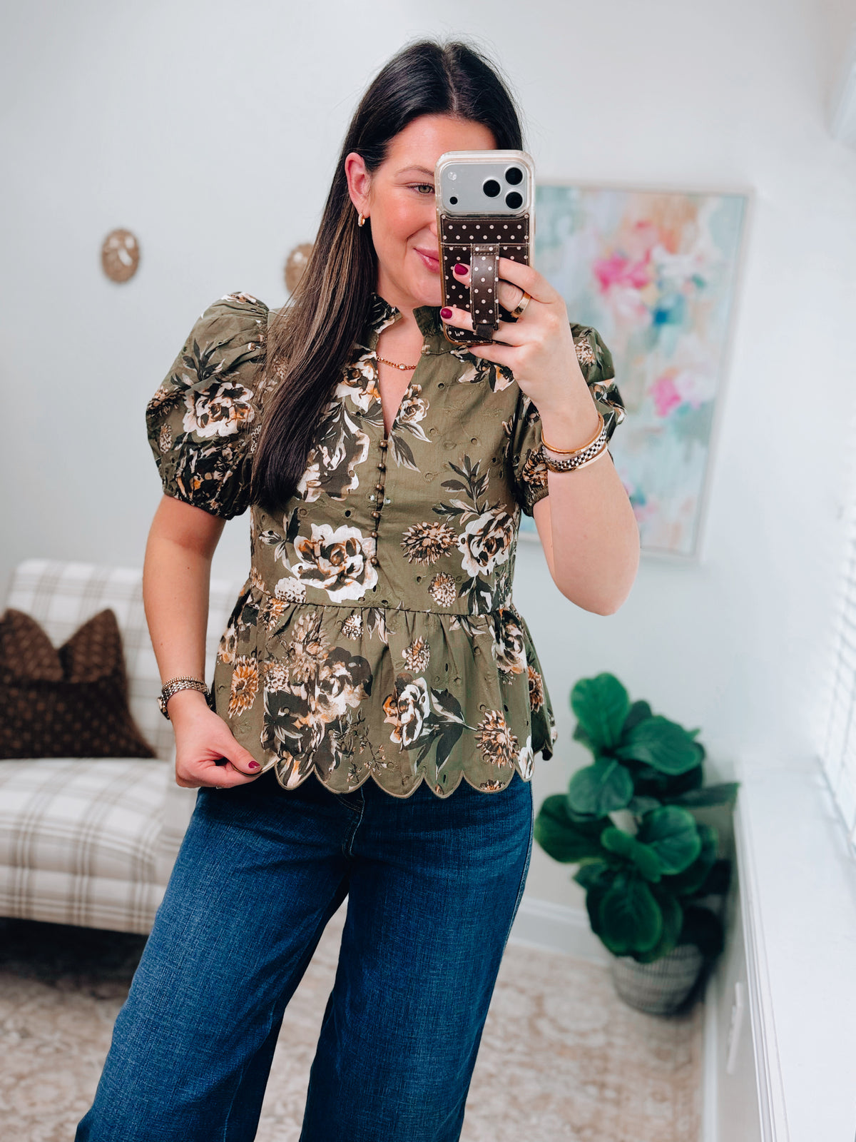Hattie Olive Floral Eyelet Top