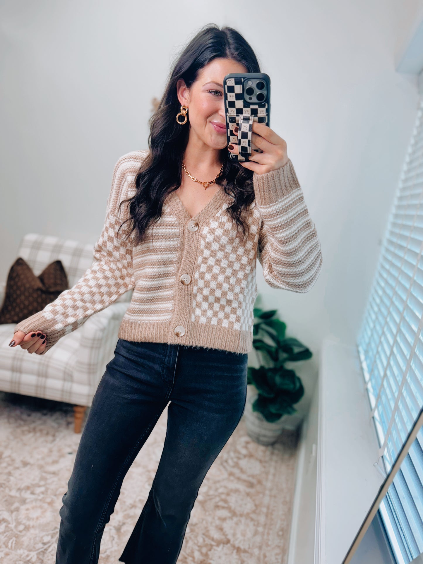 Checker and Stripe Cardigan Sweater