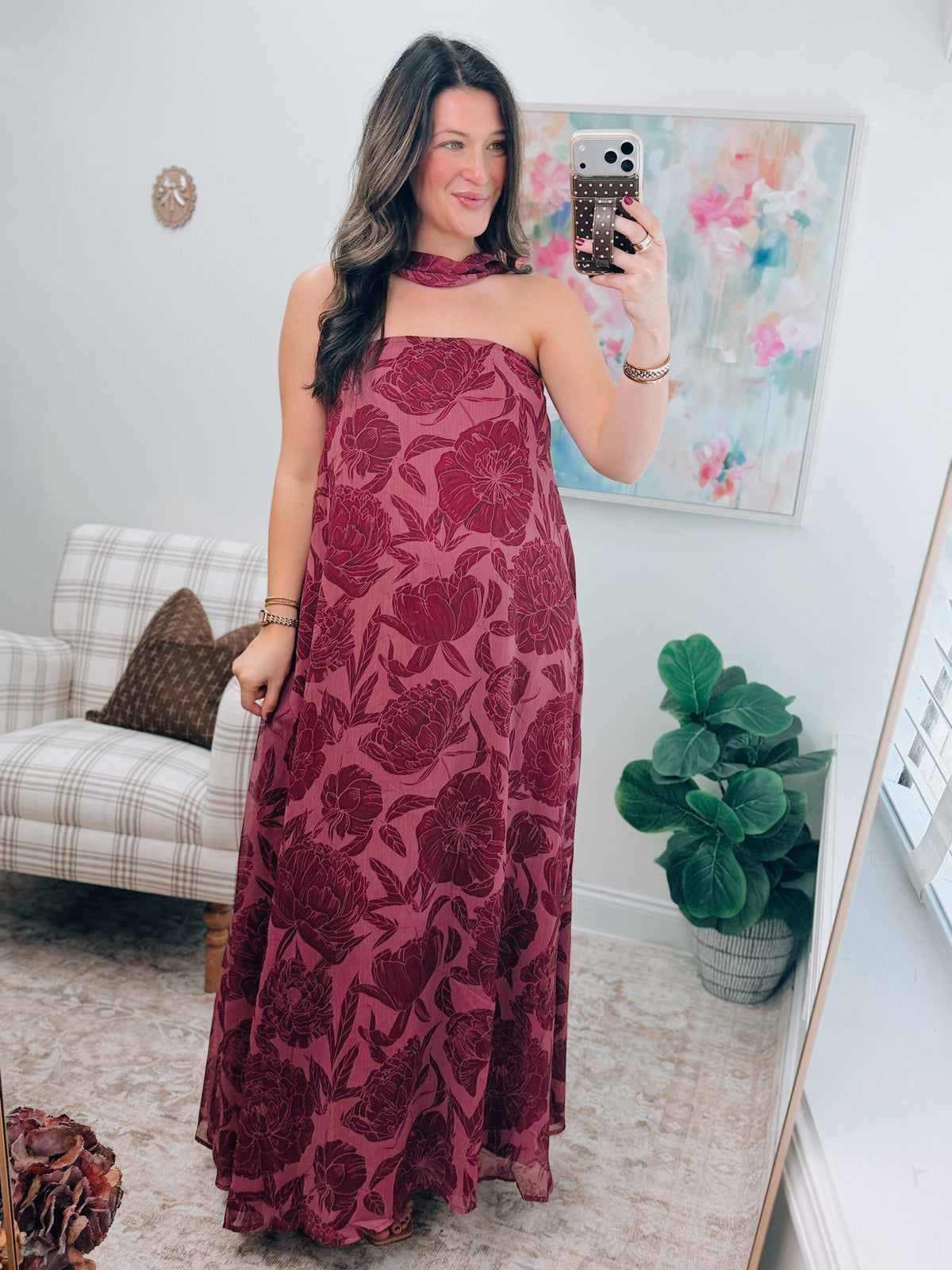 Wine Floral Scarf Maxi Dress
