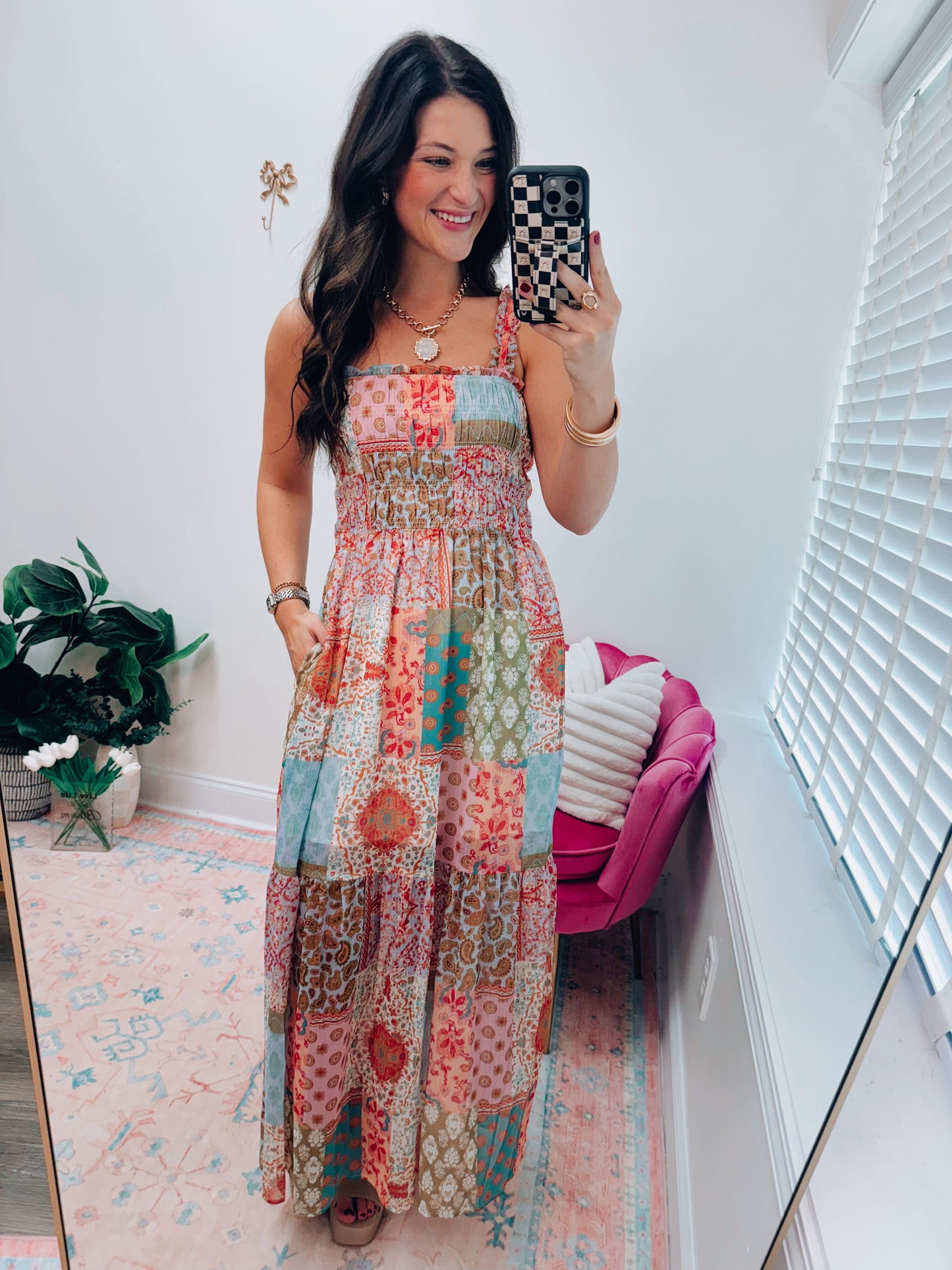CURVY Fall Patchwork Smocked Maxi Dress