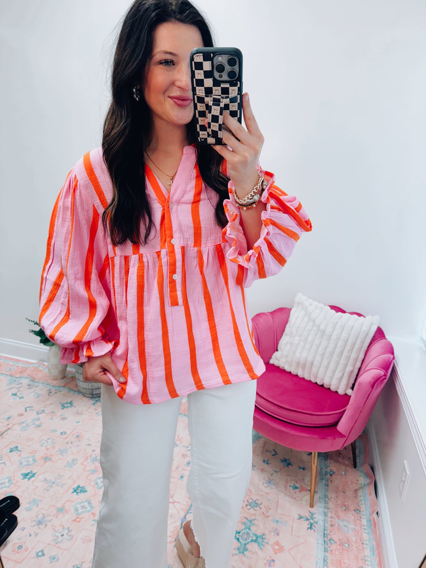 Orange Stripe Crinkled Top