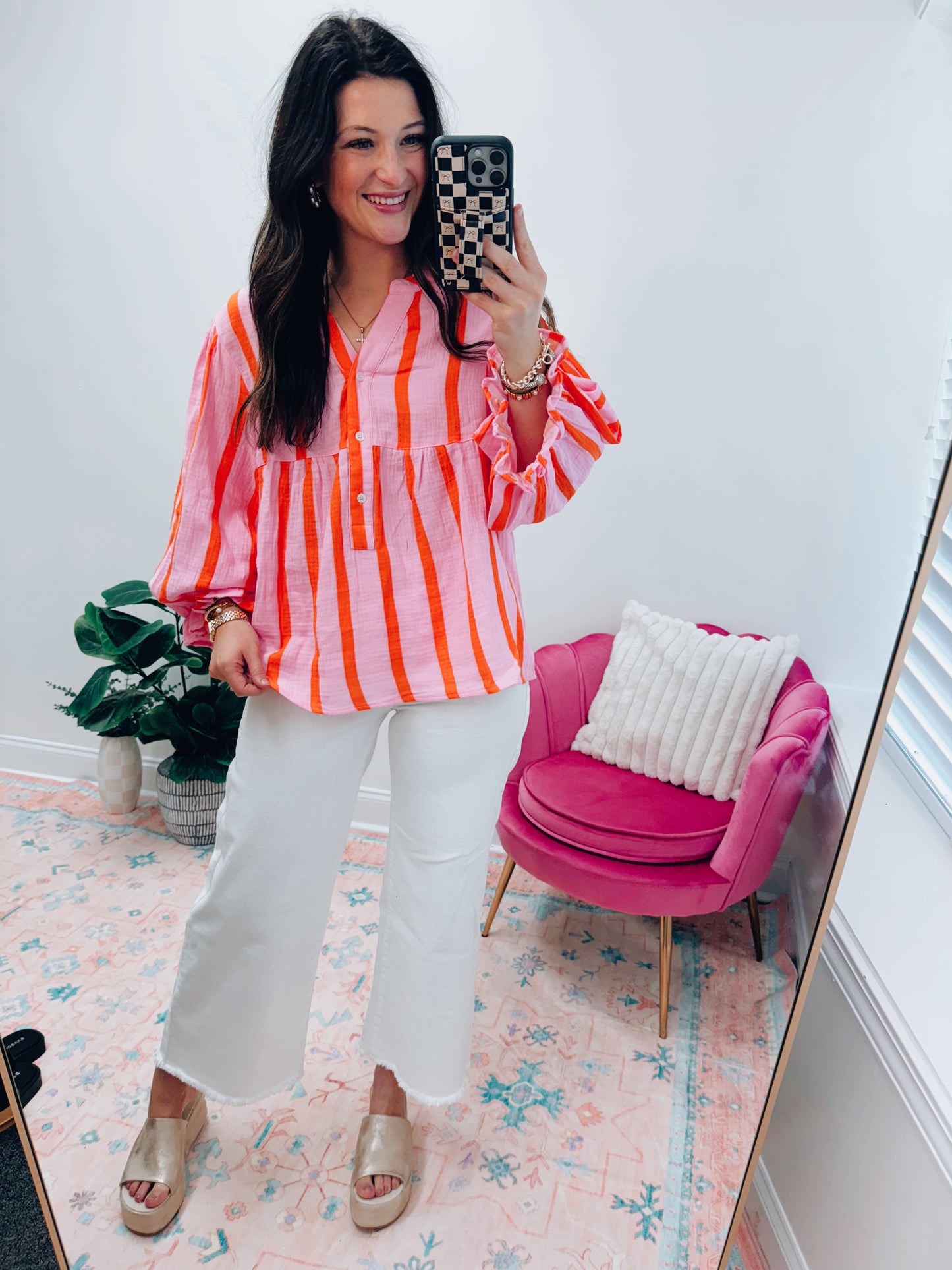 Orange Stripe Crinkled Top