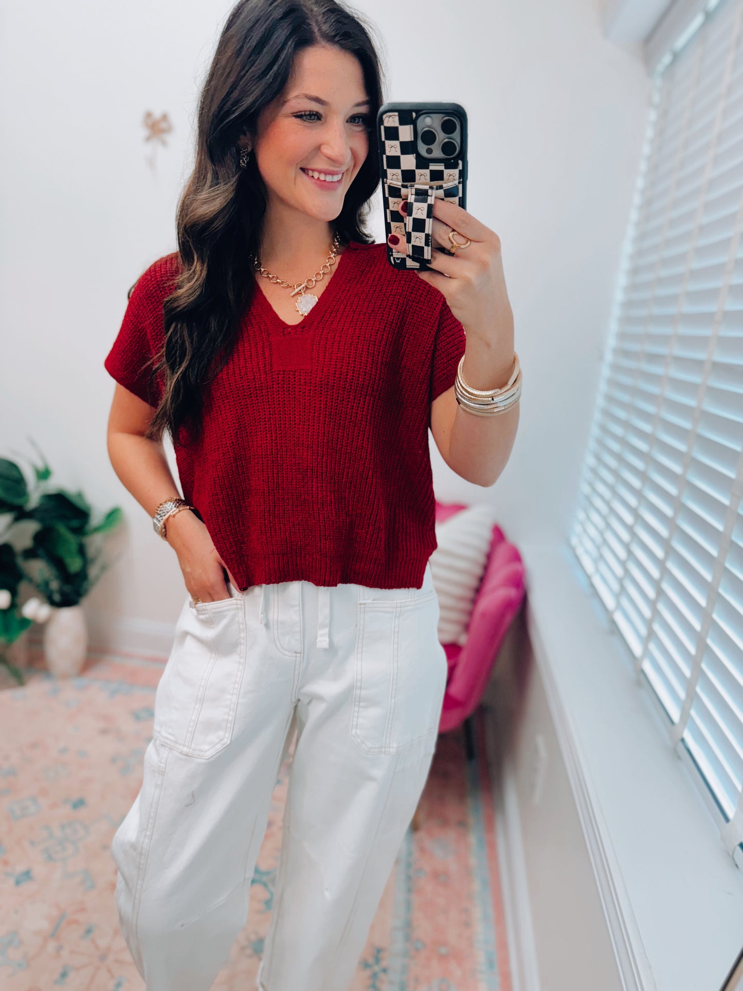 Split Neck Knit Top - Red