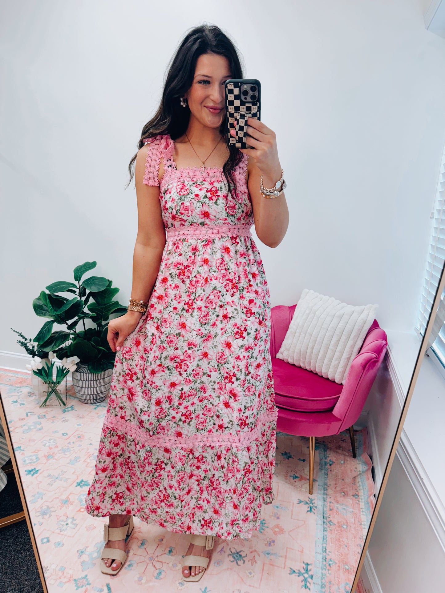 Pink Crochet Floral Maxi Dress