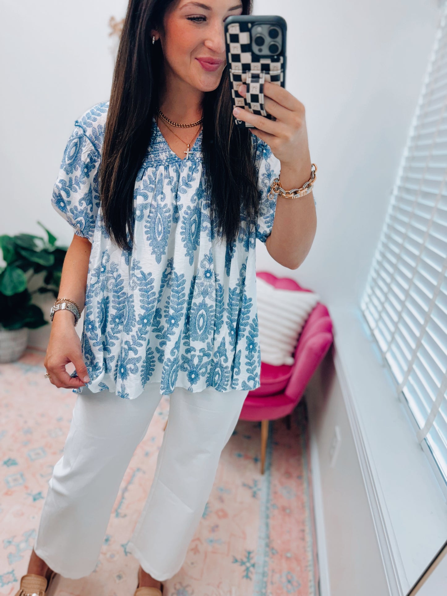 Lolli Smocked Blue Print Top